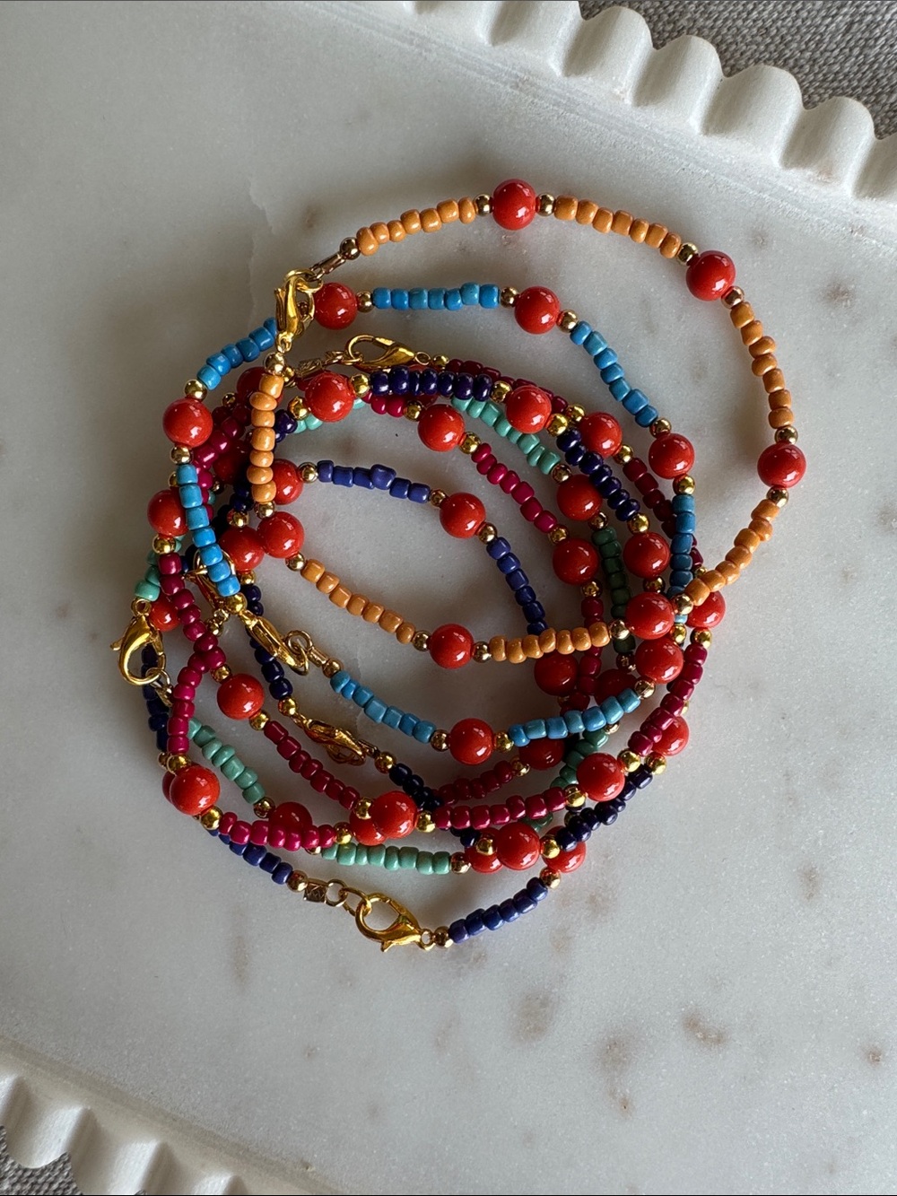 Set of 7 Handmade Red/Orange Bead & Multi-Color Seed Bead Bracelet